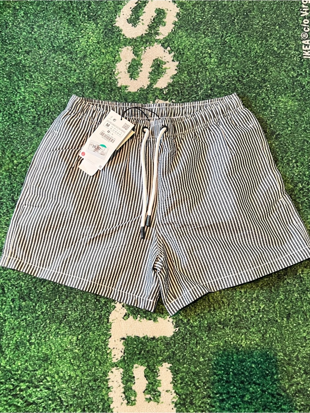 Zara Men’s Blue and White Pinstripe Swim Trunks Size M